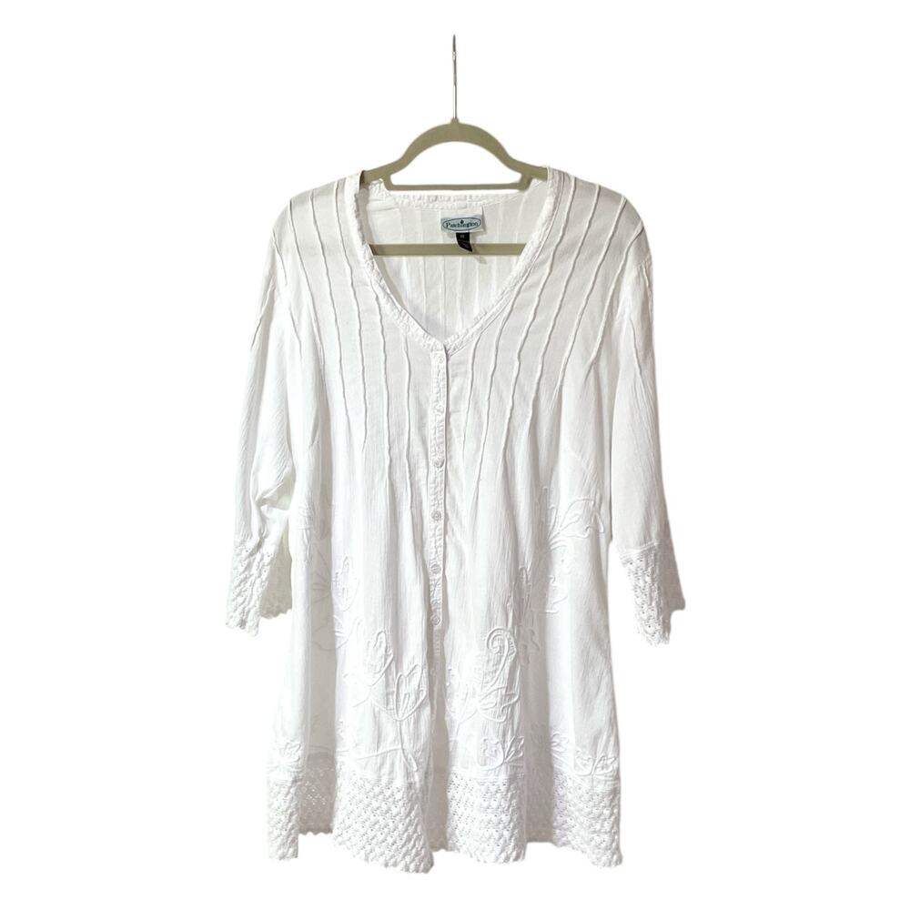 Patchington White Blouse Shirt XL Boho Cotton Lace Button Down Embroidered Vneck